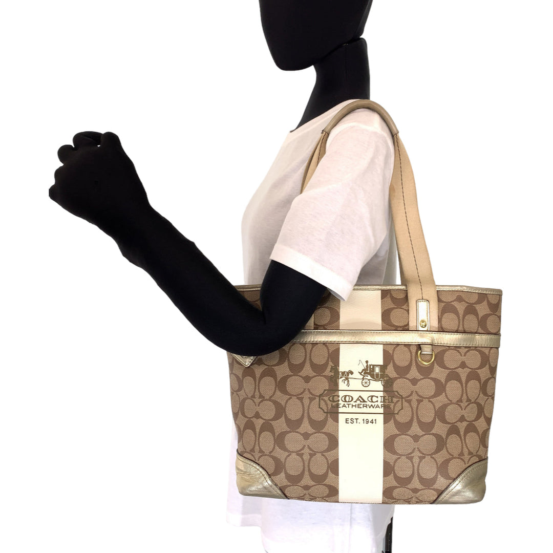 COACH Tote Bag 11350 PVC Brown Signature Heritage Stripe