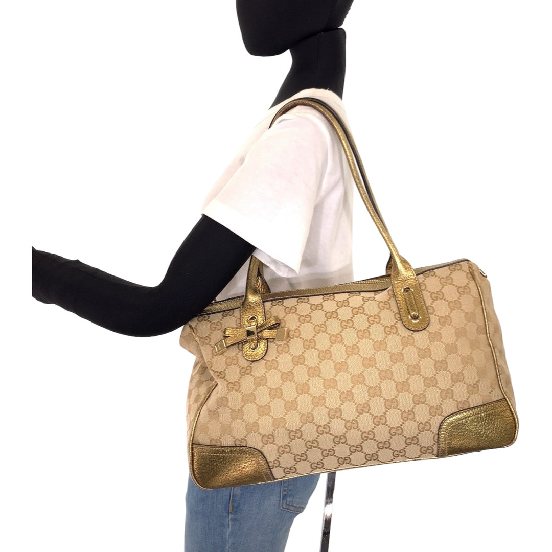 GUCCI Tote Bag 177052 GG canvas, leather gold Tote Bag Shoulder Bag Handbag Pretty Women Used Authentic
