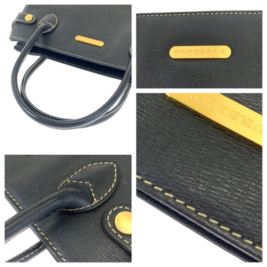 BURBERRY Tote Bag leather Black Gold Metal Tote Bag handbag Medium Check Pattern Women Used Authentic