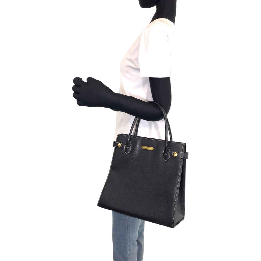 BURBERRY Tote Bag leather Black Gold Metal Tote Bag handbag Medium Check Pattern Women Used Authentic