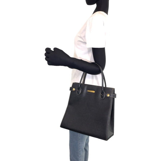 BURBERRY Tote Bag leather Black Gold Metal Tote Bag handbag Medium Check Pattern Women Used Authentic