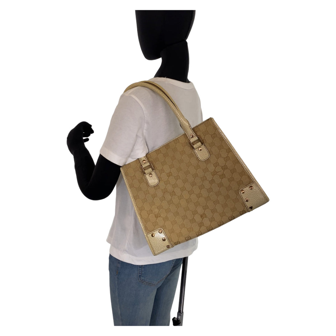GUCCI Tote Bag 214397 Canvas, Leather Beige Ivory Gold Metal Tote Bag Shoulder Bag GG canvas Women Used Authentic