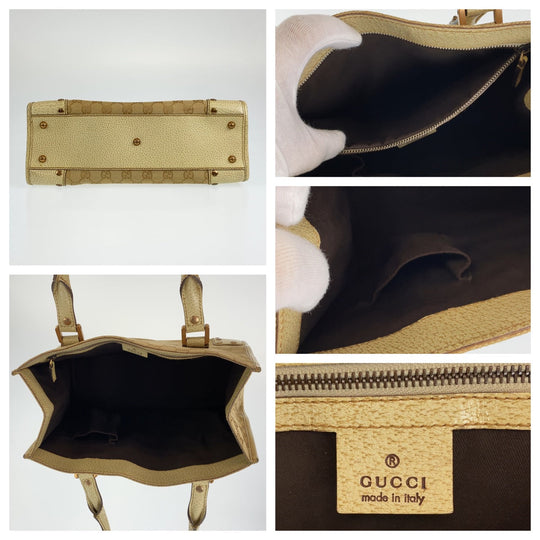 GUCCI Tote Bag 214397 Canvas, Leather Beige Ivory Gold Metal Tote Bag Shoulder Bag GG canvas Women Used Authentic