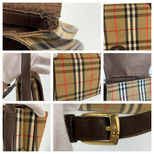 BURBERRY Shoulder Bag Canvas, Leather Brown beige Crossbody Shoulder Bag Pochette Check Pattern Women Used Authentic
