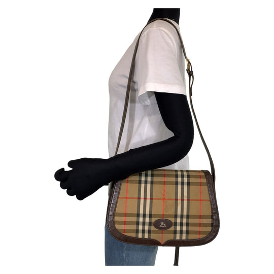 BURBERRY Shoulder Bag Canvas, Leather Brown beige Crossbody Shoulder Bag Pochette Check Pattern Women Used Authentic