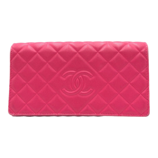 CHANEL Long Wallet Purse lambskin Pink SilverMetal Long Wallet Purse Matrasse COCO Mark Women Used Authentic