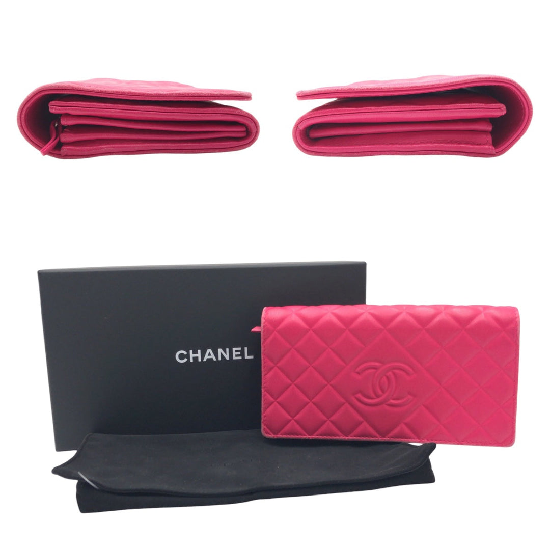 CHANEL Long Wallet Purse lambskin Pink SilverMetal Long Wallet Purse Matrasse COCO Mark Women Used Authentic