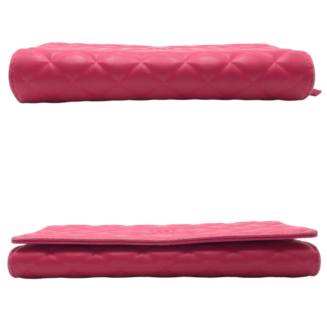 CHANEL Long Wallet Purse lambskin Pink SilverMetal Long Wallet Purse Matrasse COCO Mark Women Used Authentic