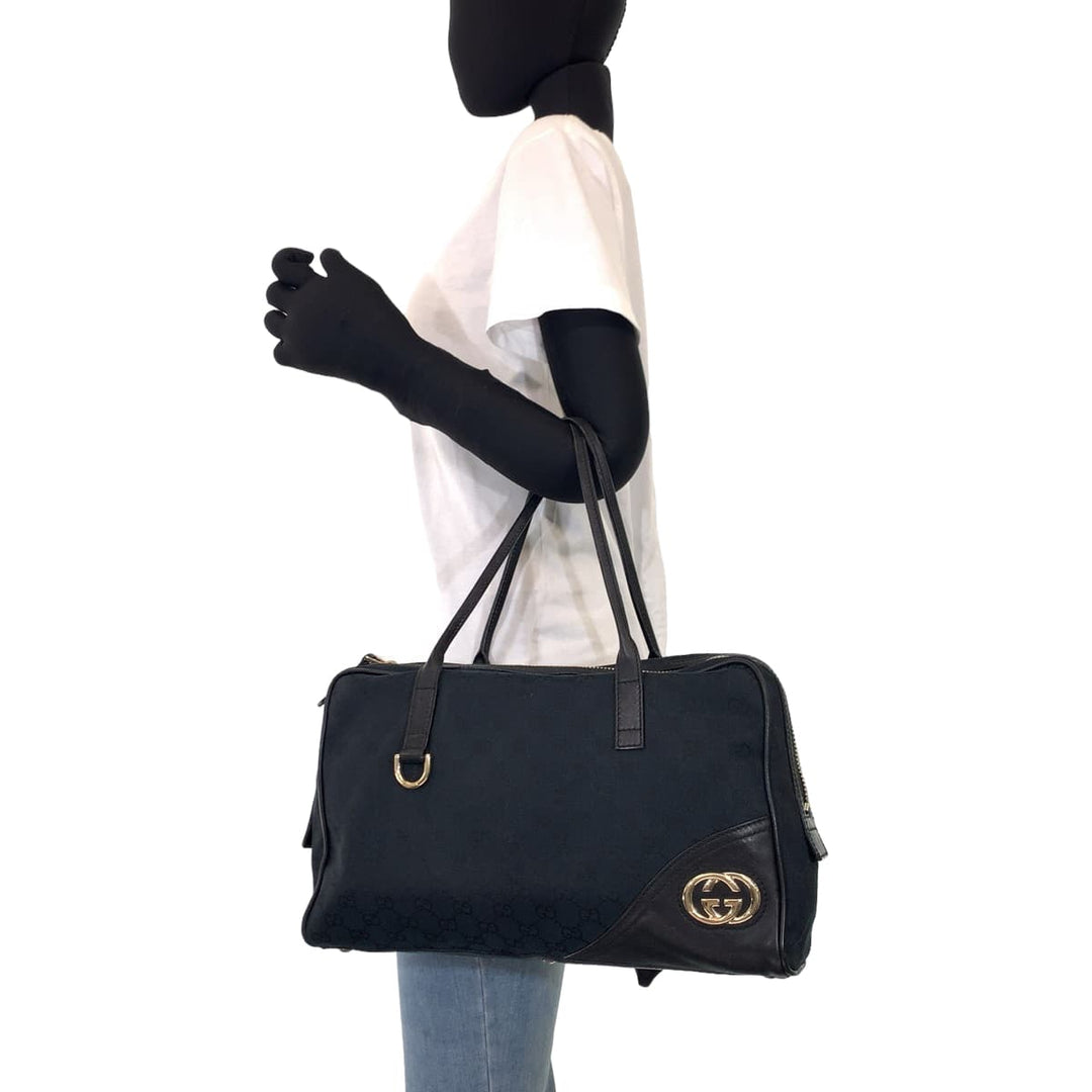 GUCCI Tote Bag 169971 GG canvas, leather Black GoldMetal Tote Bag handbag Newbrit Interlocking Medium Shelly Women Used Authentic