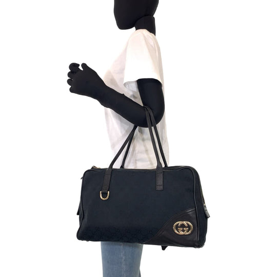 GUCCI Tote Bag 169971 GG canvas, leather Black GoldMetal Tote Bag handbag Newbrit Interlocking Medium Shelly Women Used Authentic