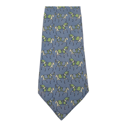HERMES tie 604 SA silk Blue green Horse pattern