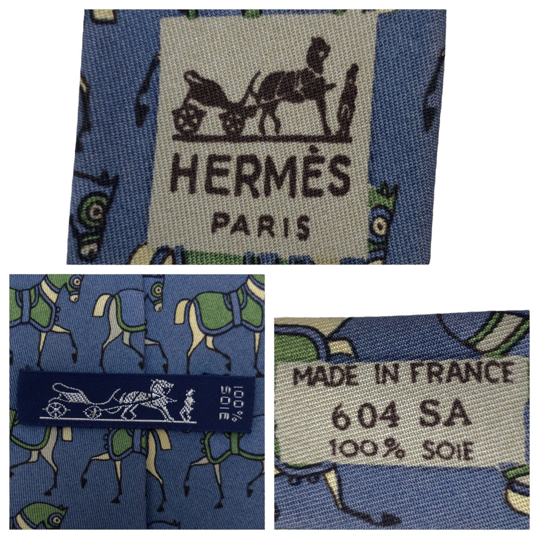 HERMES tie 604 SA silk Blue green Horse pattern