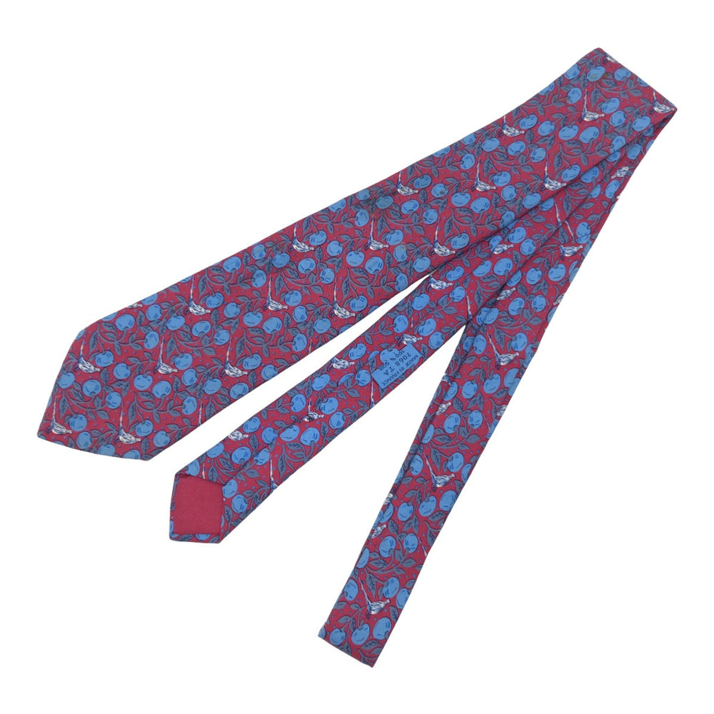 HERMES tie 7068 TA silk Wine red blue Fruit and bird all-over pattern