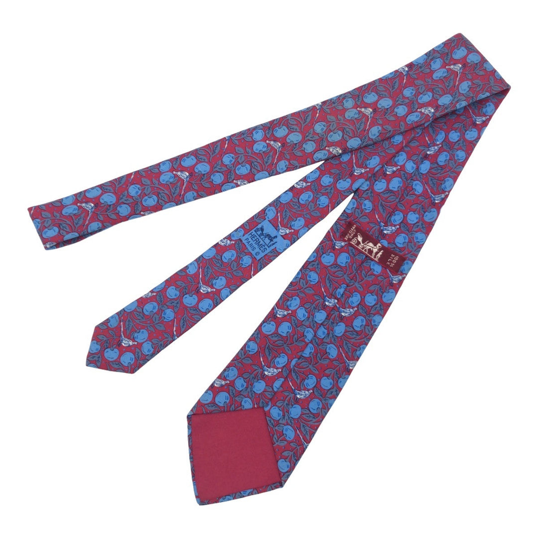 HERMES tie 7068 TA silk Wine red blue Fruit and bird all-over pattern