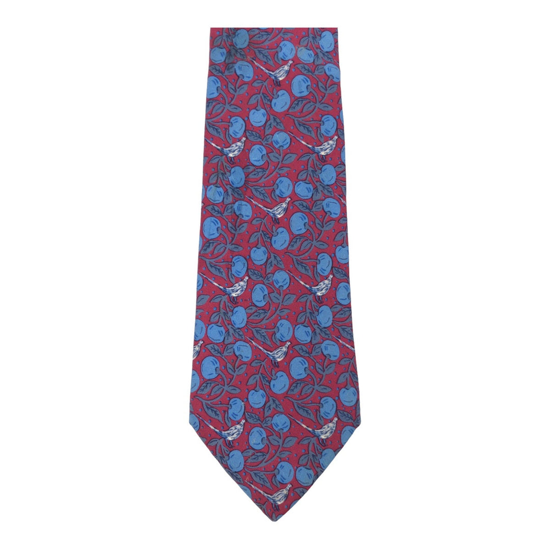 HERMES tie 7068 TA silk Wine red blue Fruit and bird all-over pattern