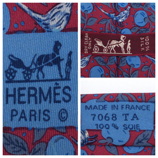 HERMES tie 7068 TA silk Wine red blue Fruit and bird all-over pattern