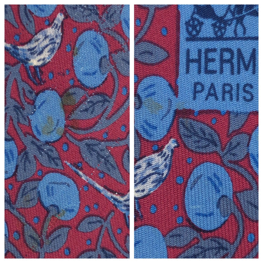 HERMES tie 7068 TA silk Wine red blue Fruit and bird all-over pattern