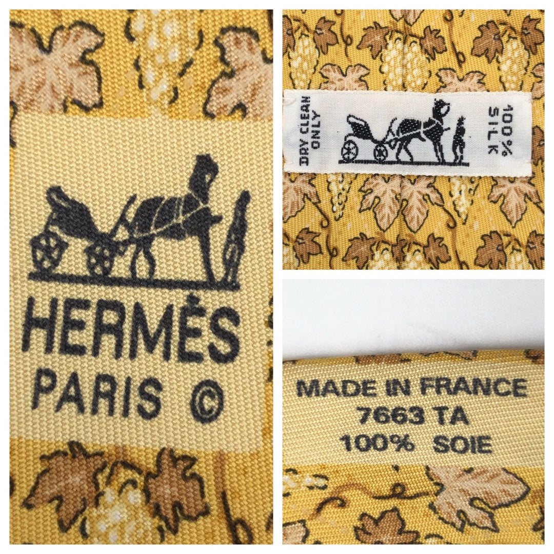 HERMES tie 7663 SA silk yellow Leaf Pattern