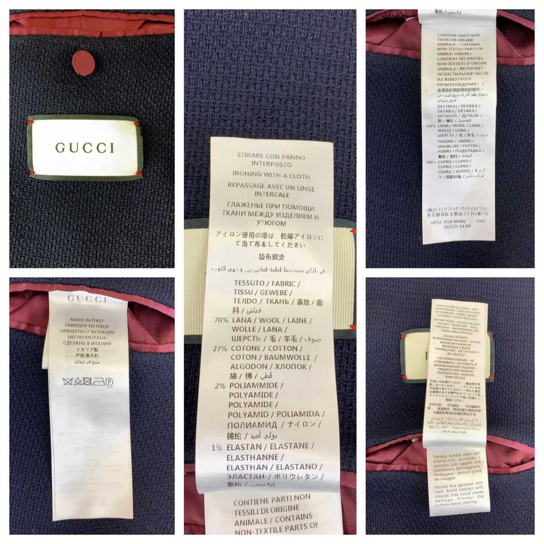 GUCCI tailored jacket 502525 wool Navy green red tailored jacket logo emblem button mens 48 Used Authentic