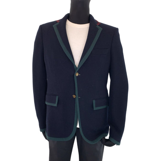 GUCCI tailored jacket 502525 wool Navy green red tailored jacket logo emblem button mens 48 Used Authentic