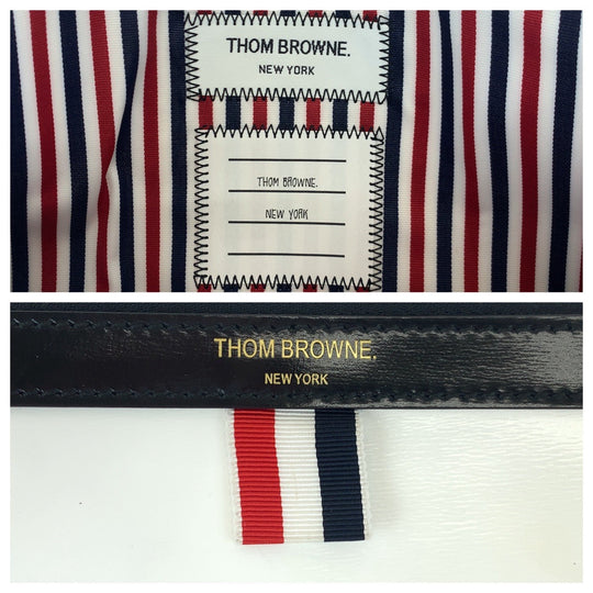 THOM BROWNE Clutch bag leather Navy white red Clutch bag business bag Tricolor mens Used Authentic