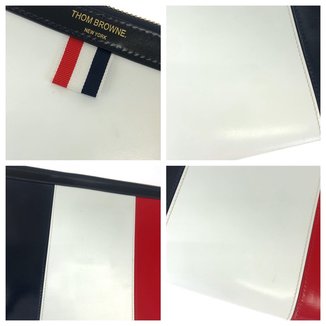 THOM BROWNE Clutch bag leather Navy white red Clutch bag business bag Tricolor mens Used Authentic