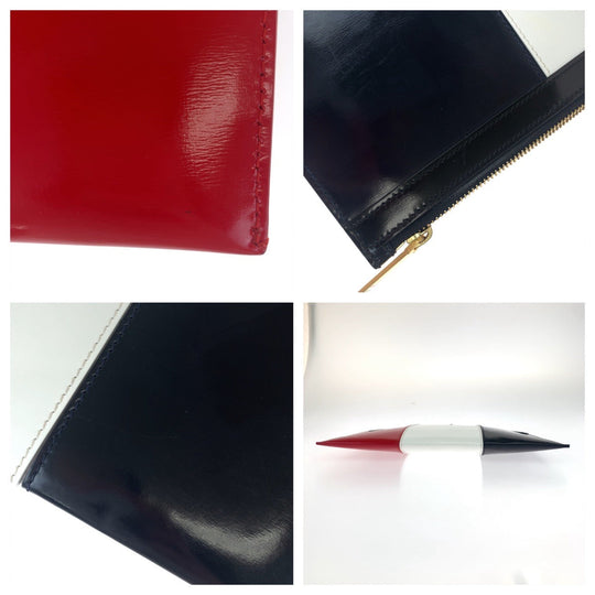 THOM BROWNE Clutch bag leather Navy white red Clutch bag business bag Tricolor mens Used Authentic