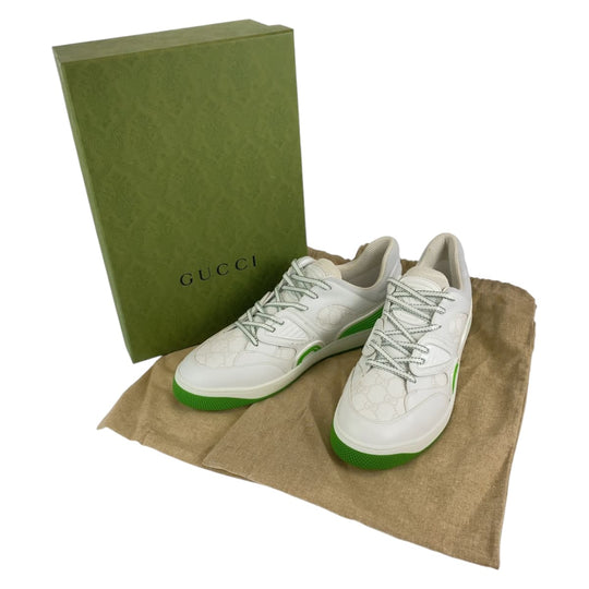 GUCCI sneakers GG canvas, leather White green Basket Low Cut Lace Up basket mens 11.5 Used Authentic