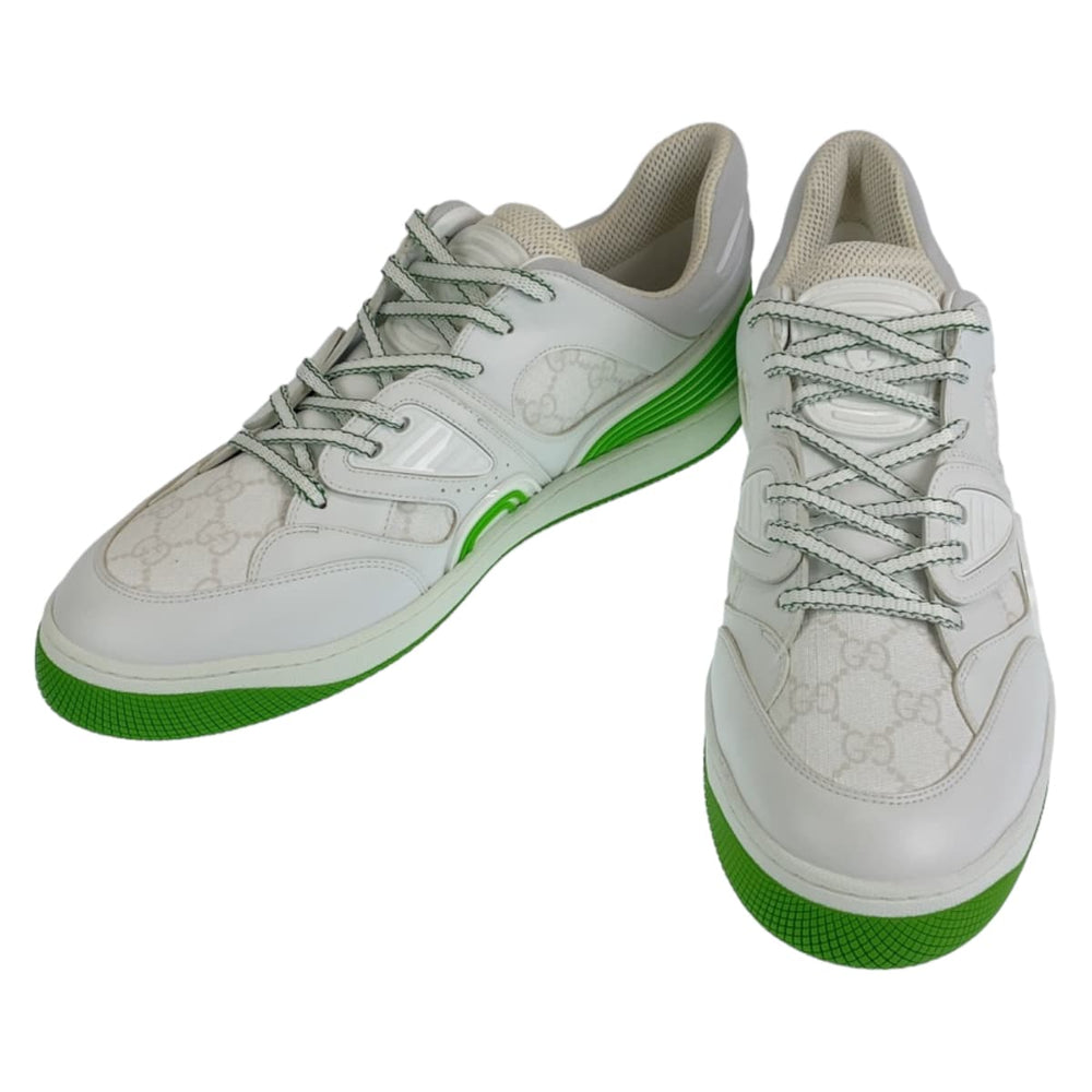 GUCCI sneakers GG canvas, leather White green Basket Low Cut Lace Up basket mens 11.5 Used Authentic