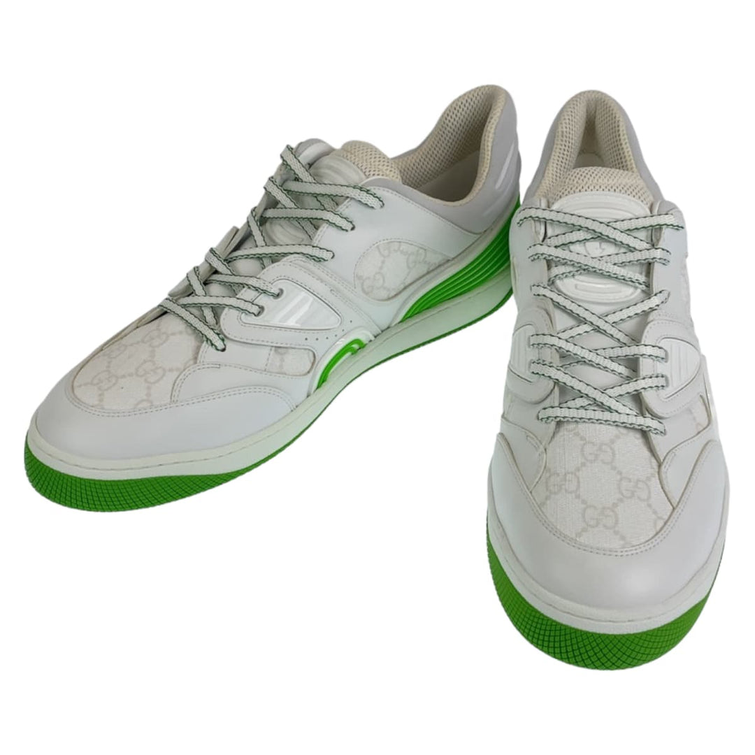 GUCCI sneakers GG canvas, leather White green Basket Low Cut Lace Up basket mens 11.5 Used Authentic