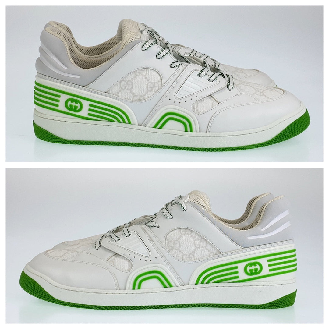 GUCCI sneakers GG canvas, leather White green Basket Low Cut Lace Up basket mens 11.5 Used Authentic