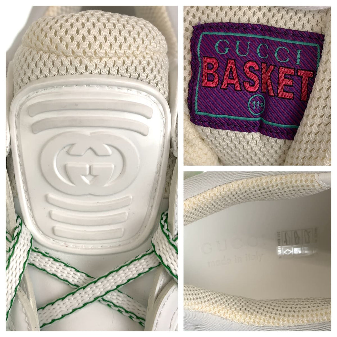 GUCCI sneakers GG canvas, leather White green Basket Low Cut Lace Up basket mens 11.5 Used Authentic