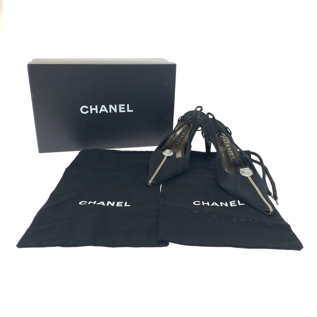 CHANEL pumps Satin Black SilverMetal Pumps Mules High Heels COCO Mark Rhinestone Women 23.5 Used Authentic