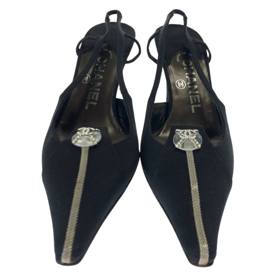 CHANEL pumps Satin Black SilverMetal Pumps Mules High Heels COCO Mark Rhinestone Women 23.5 Used Authentic