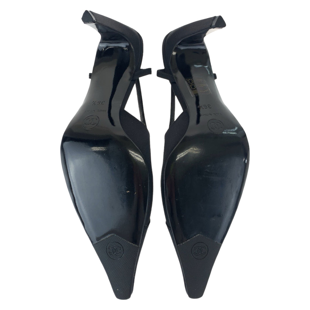 CHANEL pumps Satin Black SilverMetal Pumps Mules High Heels COCO Mark Rhinestone Women 23.5 Used Authentic