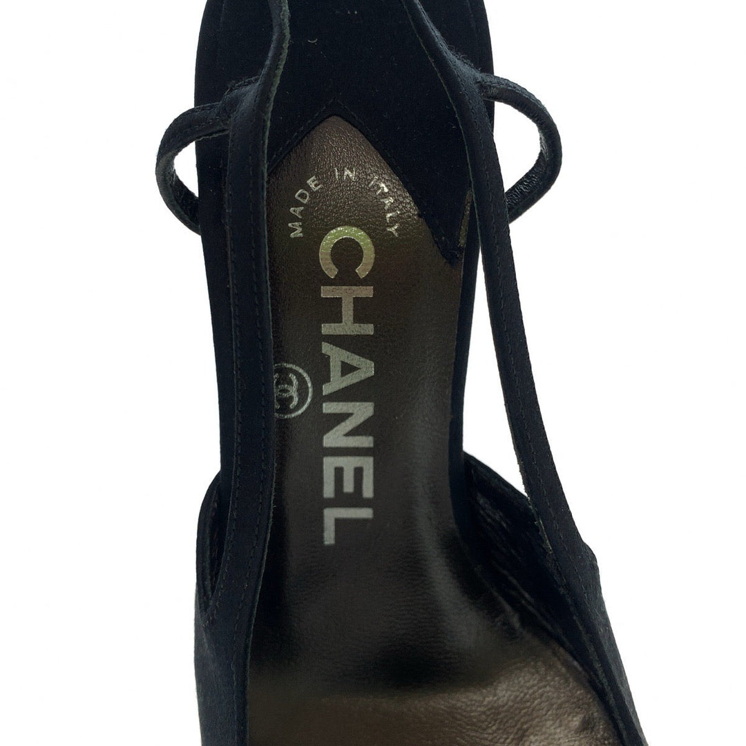 CHANEL pumps Satin Black SilverMetal Pumps Mules High Heels COCO Mark Rhinestone Women 23.5 Used Authentic