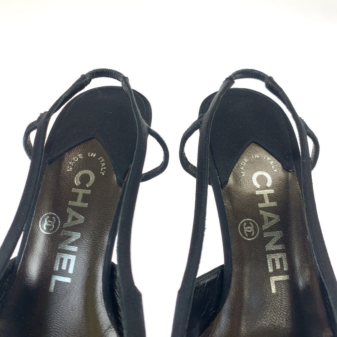 CHANEL pumps Satin Black SilverMetal Pumps Mules High Heels COCO Mark Rhinestone Women 23.5 Used Authentic