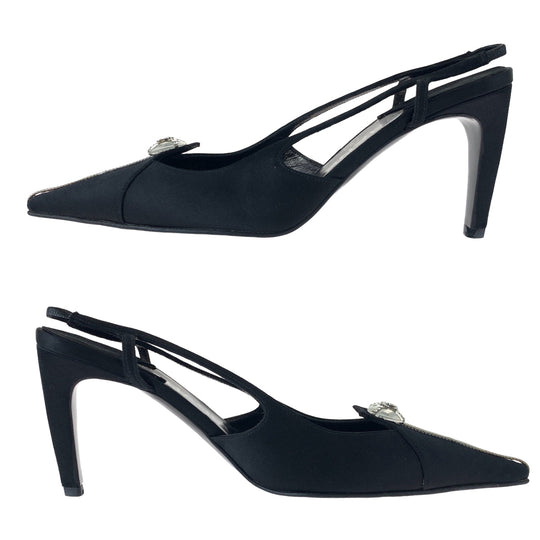 CHANEL pumps Satin Black SilverMetal Pumps Mules High Heels COCO Mark Rhinestone Women 23.5 Used Authentic