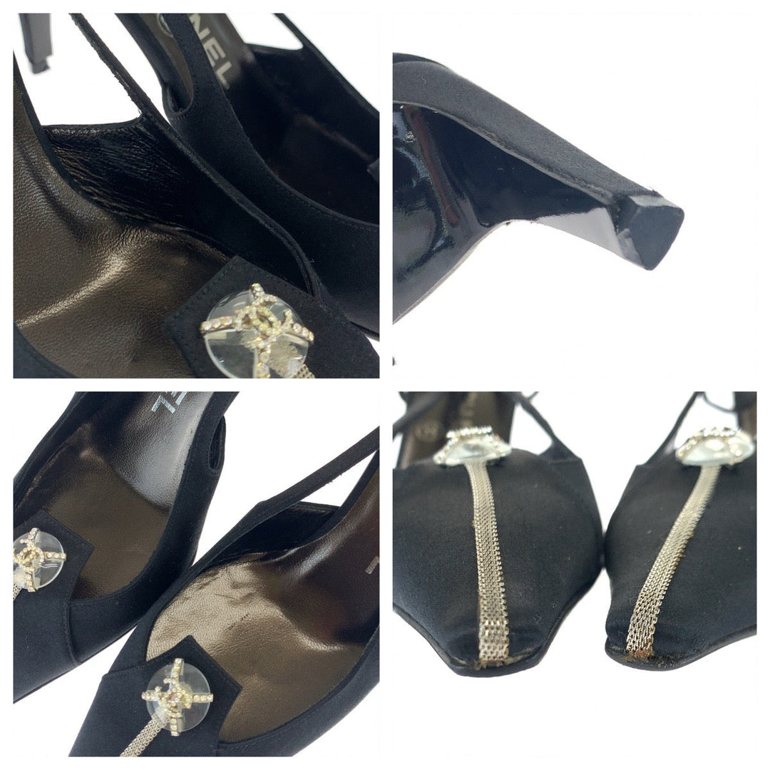 CHANEL pumps Satin Black SilverMetal Pumps Mules High Heels COCO Mark Rhinestone Women 23.5 Used Authentic