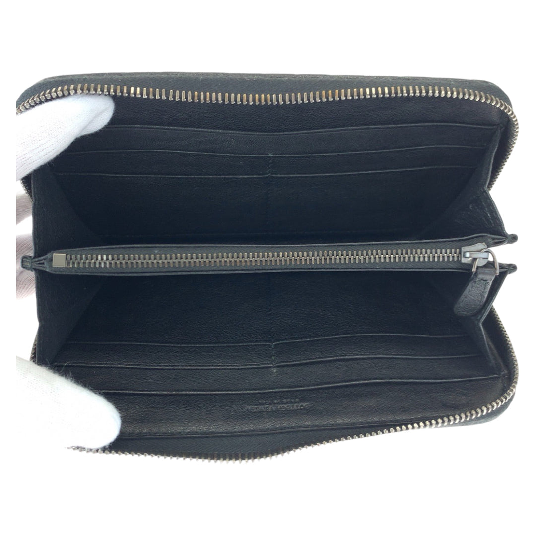 BOTTEGAVENETA Long Wallet Purse 114076 1000 lambskin Black Silver Metal Long Wallet Purse Zip Around INTRECCIATO mens Used Authentic