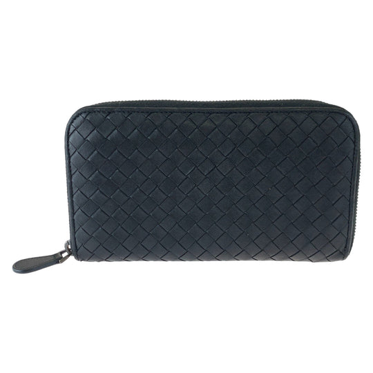BOTTEGAVENETA Long Wallet Purse 114076 1000 lambskin Black Silver Metal Long Wallet Purse Zip Around INTRECCIATO mens Used Authentic