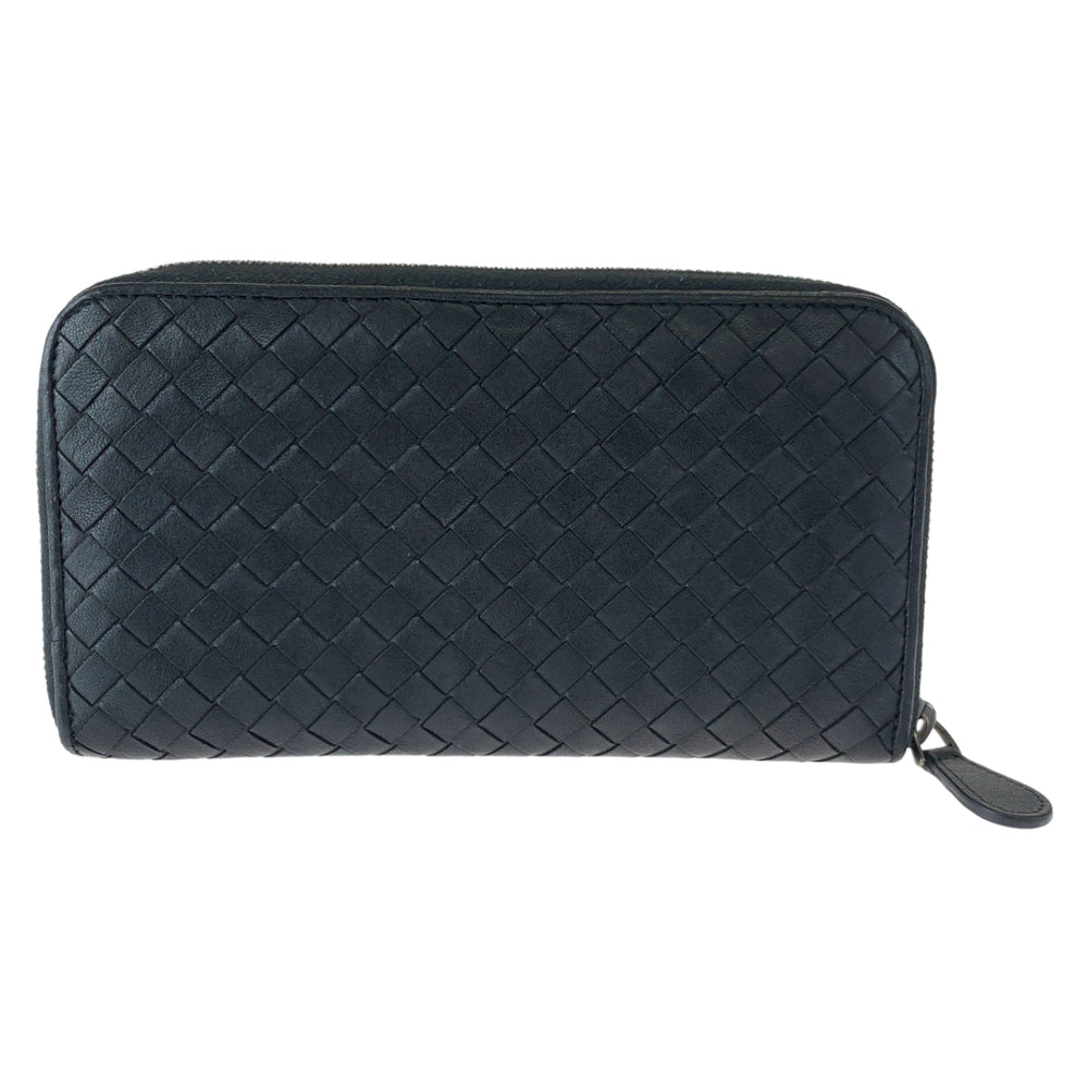BOTTEGAVENETA Long Wallet Purse 114076 1000 lambskin Black Silver Metal Long Wallet Purse Zip Around INTRECCIATO mens Used Authentic