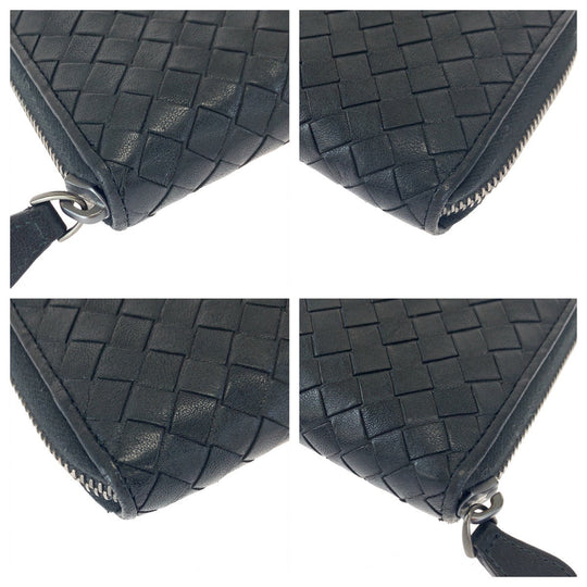 BOTTEGAVENETA Long Wallet Purse 114076 1000 lambskin Black Silver Metal Long Wallet Purse Zip Around INTRECCIATO mens Used Authentic