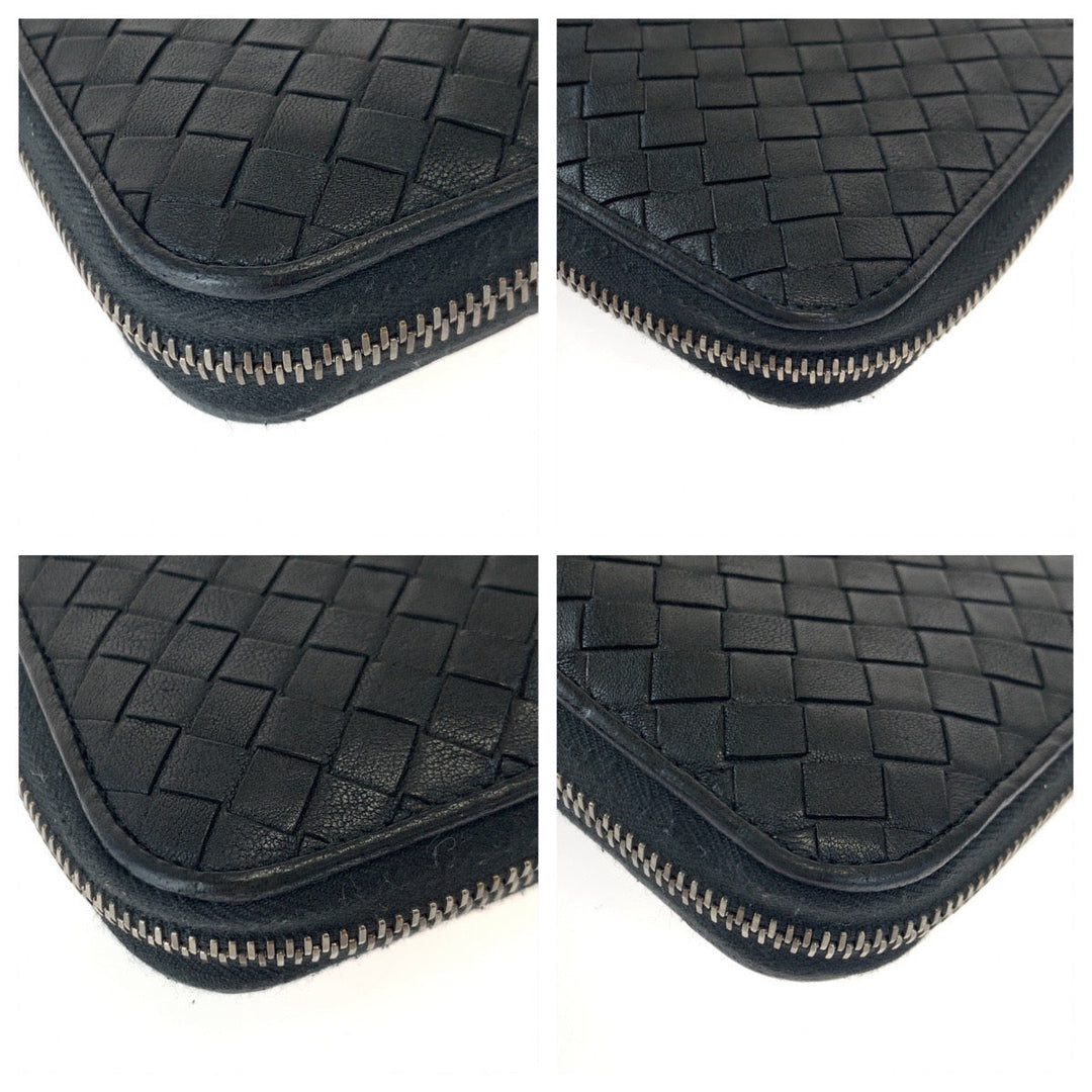 BOTTEGAVENETA Long Wallet Purse 114076 1000 lambskin Black Silver Metal Long Wallet Purse Zip Around INTRECCIATO mens Used Authentic
