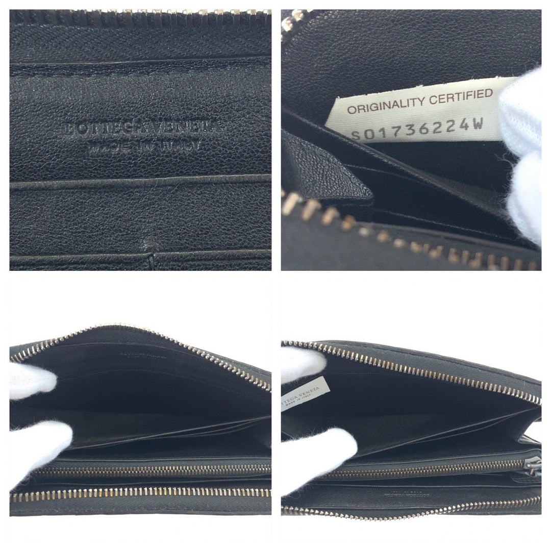 BOTTEGAVENETA Long Wallet Purse 114076 1000 lambskin Black Silver Metal Long Wallet Purse Zip Around INTRECCIATO mens Used Authentic