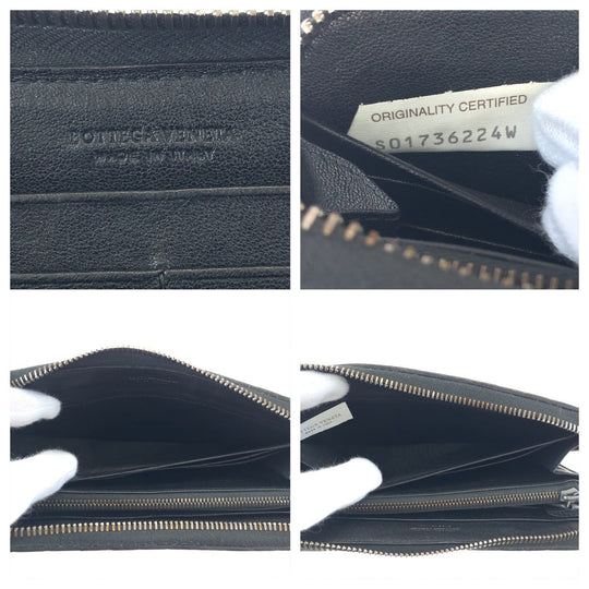 BOTTEGAVENETA Long Wallet Purse 114076 1000 lambskin Black Silver Metal Long Wallet Purse Zip Around INTRECCIATO mens Used Authentic