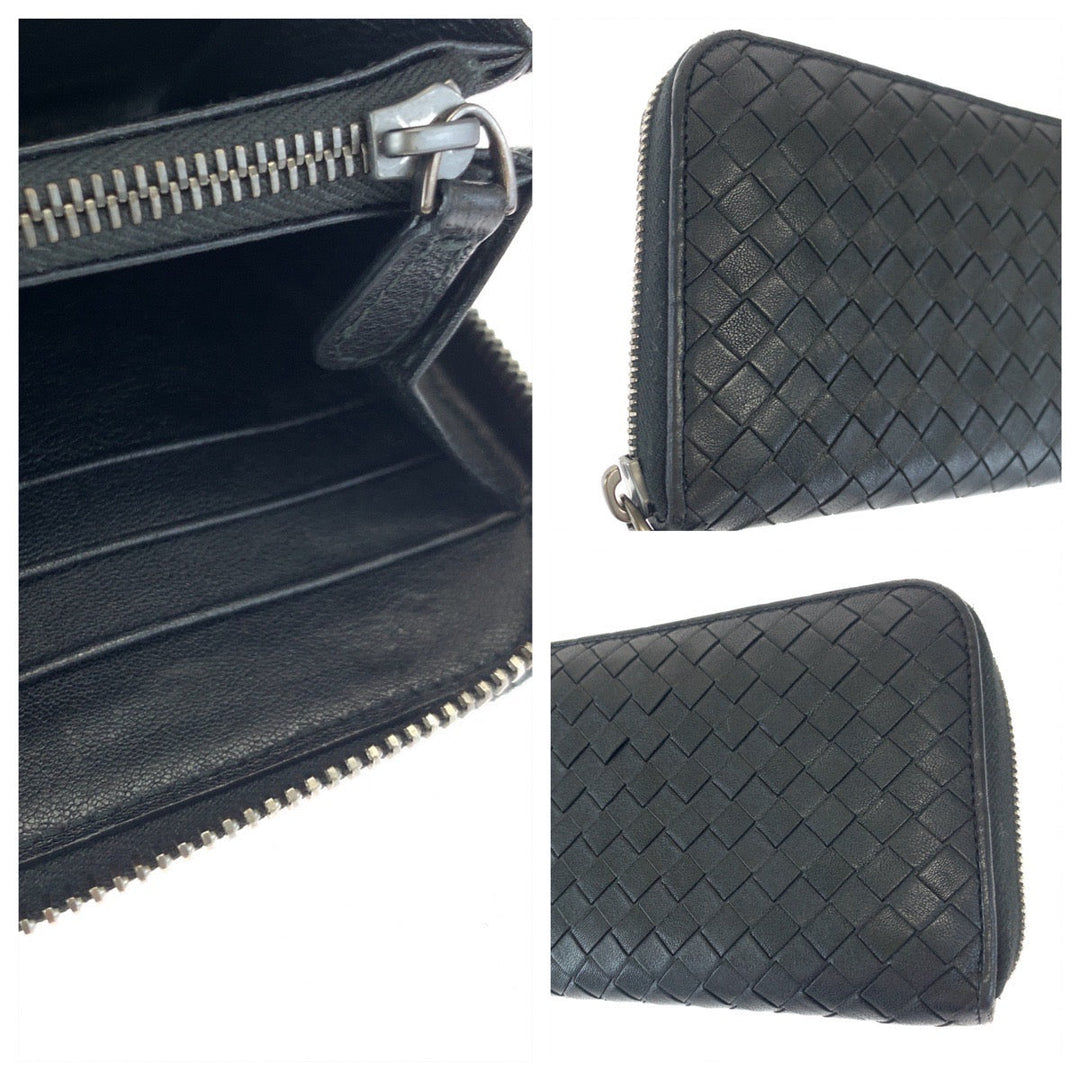 BOTTEGAVENETA Long Wallet Purse 114076 1000 lambskin Black Silver Metal Long Wallet Purse Zip Around INTRECCIATO mens Used Authentic
