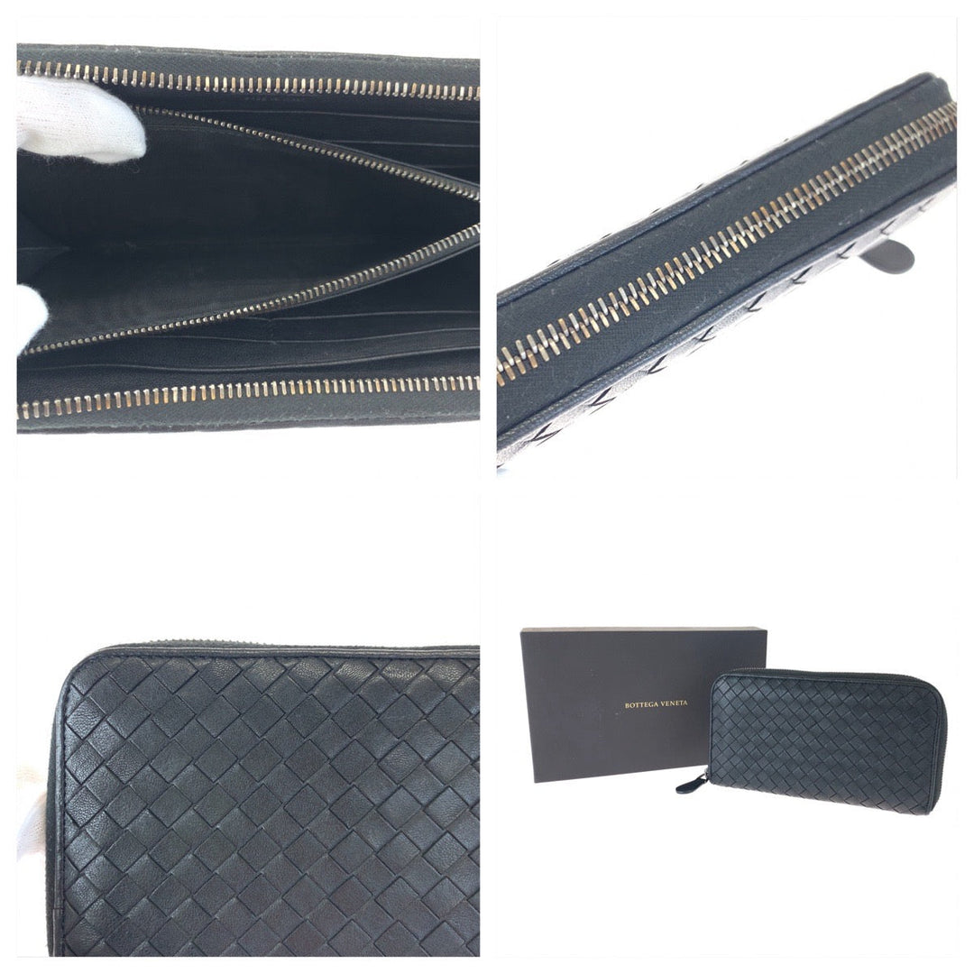 BOTTEGAVENETA Long Wallet Purse 114076 1000 lambskin Black Silver Metal Long Wallet Purse Zip Around INTRECCIATO mens Used Authentic