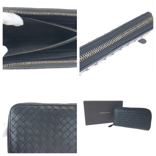 BOTTEGAVENETA Long Wallet Purse 114076 1000 lambskin Black Silver Metal Long Wallet Purse Zip Around INTRECCIATO mens Used Authentic