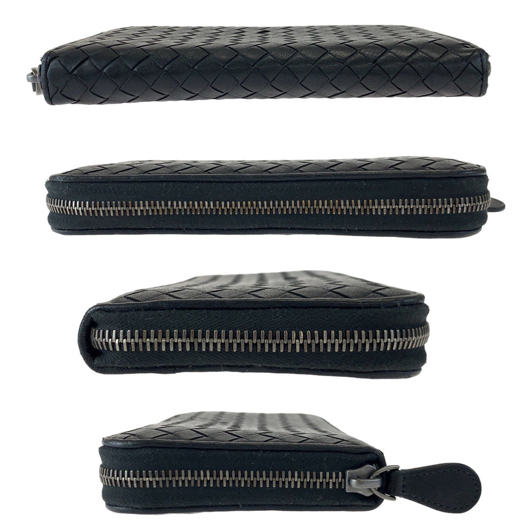BOTTEGAVENETA Long Wallet Purse 114076 1000 lambskin Black Silver Metal Long Wallet Purse Zip Around INTRECCIATO mens Used Authentic